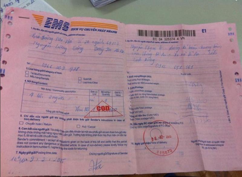 Hình ảnh mã vận đơn Vietnam Post trên phiếu gửi hàng